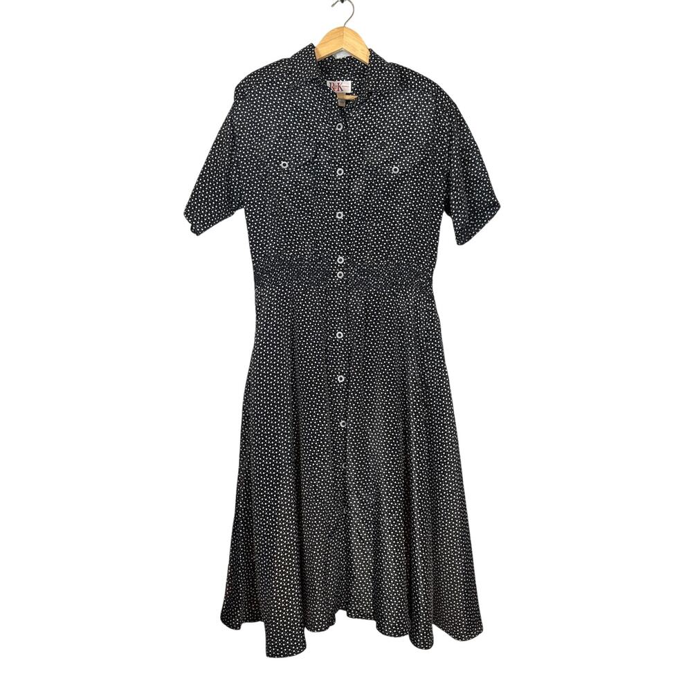 Vintage 80s Black Ditsy Floral Dress Midi Womens 8 Retro Structured Secretary